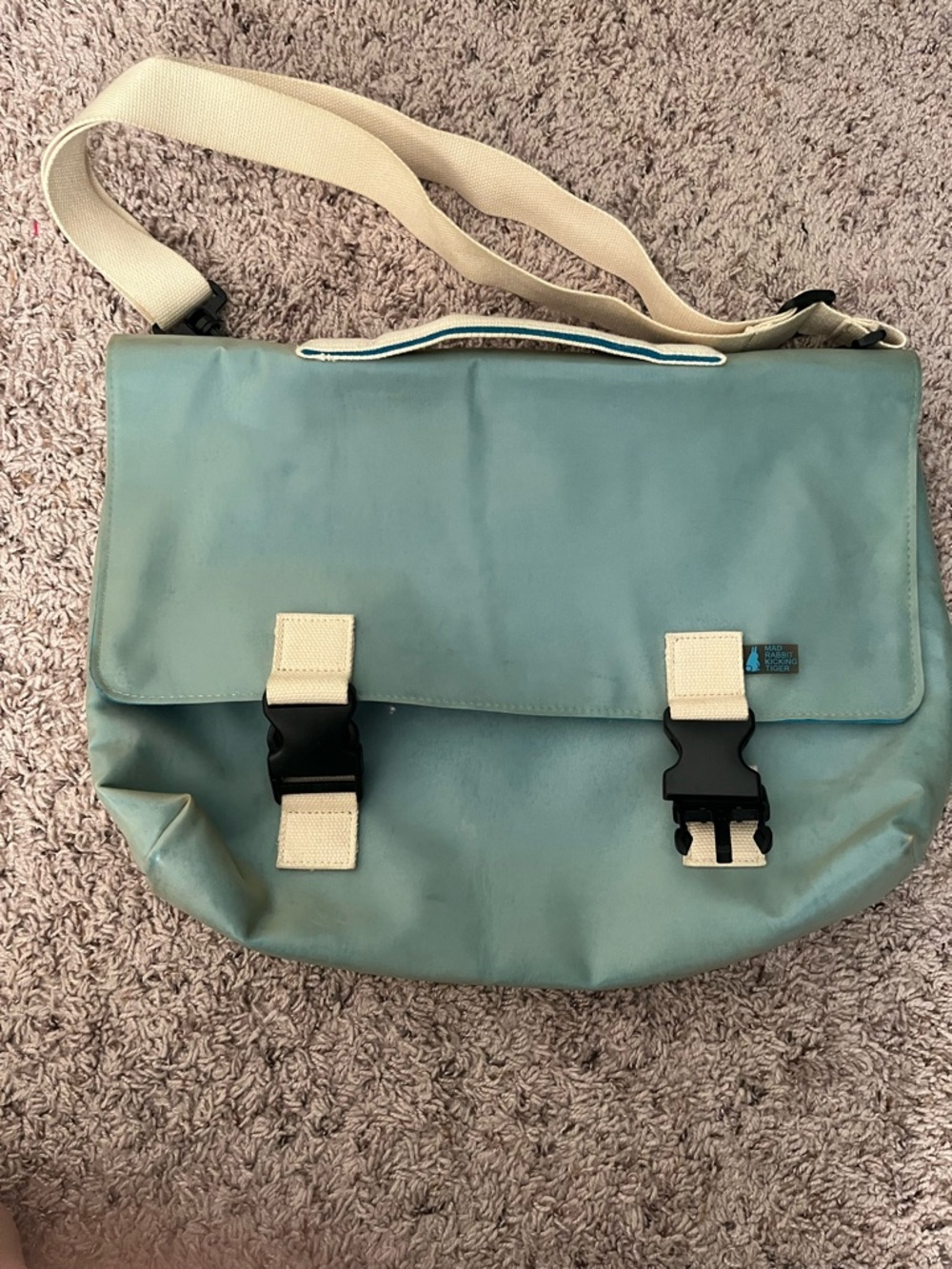 Mad Rabbit Kicking Tiger - Casual Teal Satchel with Cream Strap